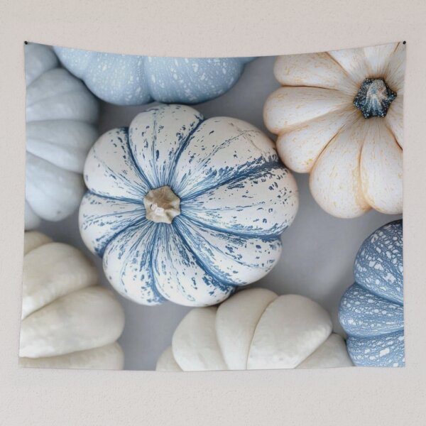 Item preview, Cozy Blue and White Heirloom Pumpkins — Modern Coastal Autumn Photography designed and sold by LYAN-STORE.