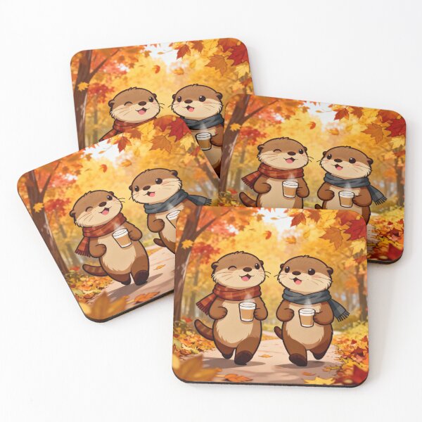 Item preview, Autumn Walk Otters with Hot Coffee designed and sold by Otterbean.