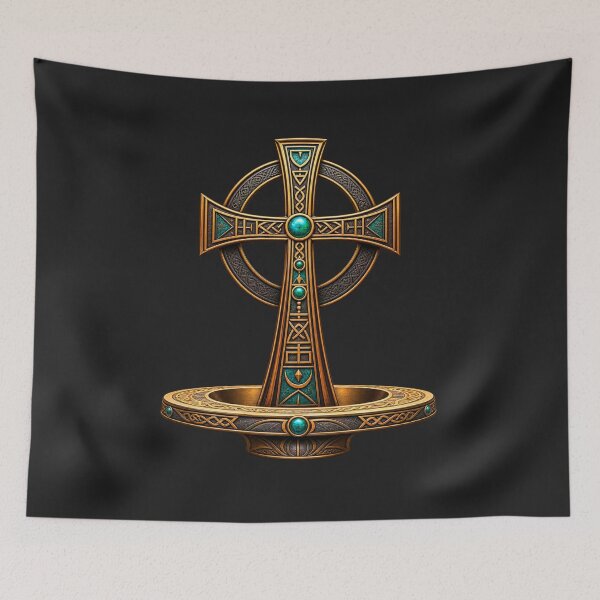 Item preview, Ornate Celtic Cross Art – Mystical Bronze and Turquoise Sacred Symbol designed and sold by 'VARI'.