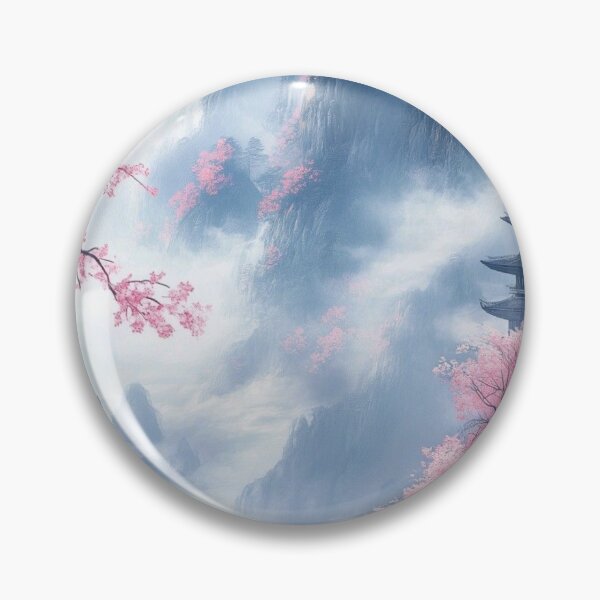 Item preview, Japanese Pagoda in Misty Mountains with Cherry Blossoms — Ethereal Asian Landscape Art designed and sold by LYAN-STORE.