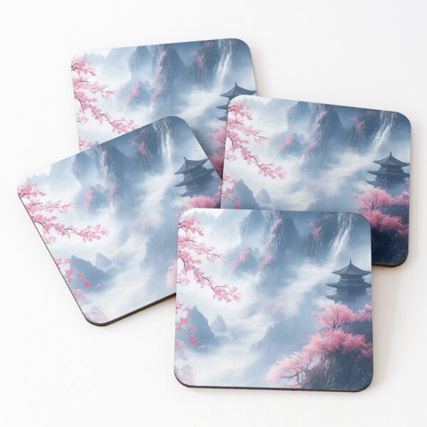Item preview, Japanese Pagoda in Misty Mountains with Cherry Blossoms — Ethereal Asian Landscape Art designed and sold by LYAN-STORE.