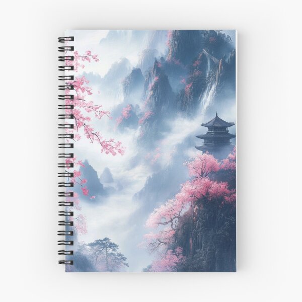 Item preview, Japanese Pagoda in Misty Mountains with Cherry Blossoms — Ethereal Asian Landscape Art designed and sold by LYAN-STORE.