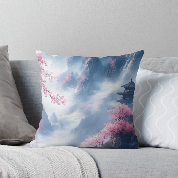 Item preview, Japanese Pagoda in Misty Mountains with Cherry Blossoms — Ethereal Asian Landscape Art designed and sold by LYAN-STORE.