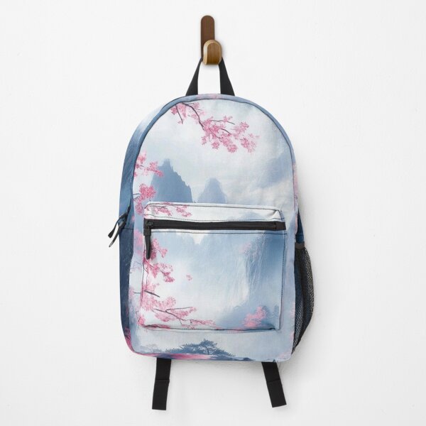 Item preview, Japanese Pagoda in Misty Mountains with Cherry Blossoms — Ethereal Asian Landscape Art designed and sold by LYAN-STORE.