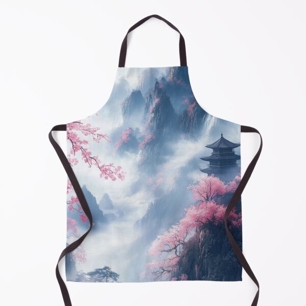 Item preview, Japanese Pagoda in Misty Mountains with Cherry Blossoms — Ethereal Asian Landscape Art designed and sold by LYAN-STORE.