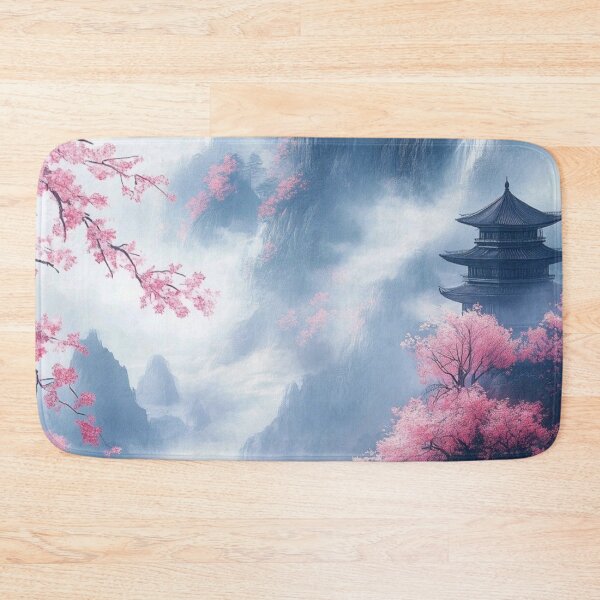 Item preview, Japanese Pagoda in Misty Mountains with Cherry Blossoms — Ethereal Asian Landscape Art designed and sold by LYAN-STORE.