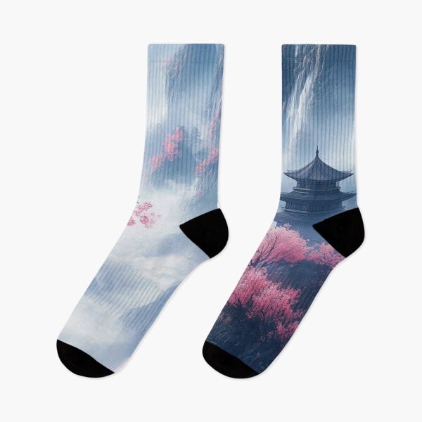 Item preview, Japanese Pagoda in Misty Mountains with Cherry Blossoms — Ethereal Asian Landscape Art designed and sold by LYAN-STORE.