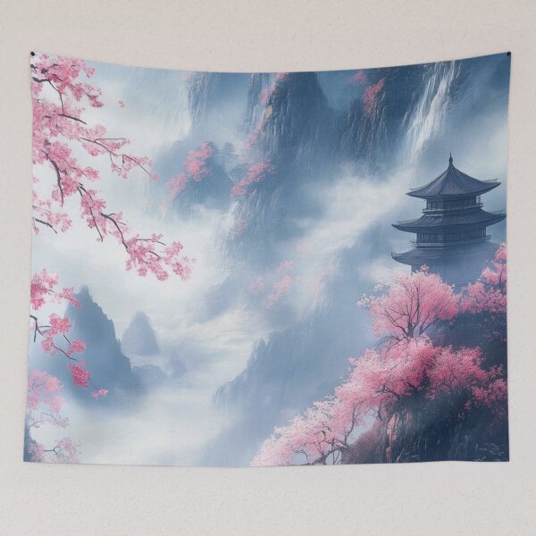 Item preview, Japanese Pagoda in Misty Mountains with Cherry Blossoms — Ethereal Asian Landscape Art designed and sold by LYAN-STORE.