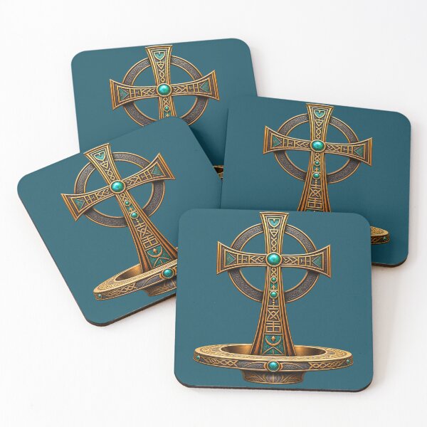Item preview, Ornate Celtic Cross Art – Mystical Bronze and Turquoise Sacred Symbol designed and sold by 'VARI'.
