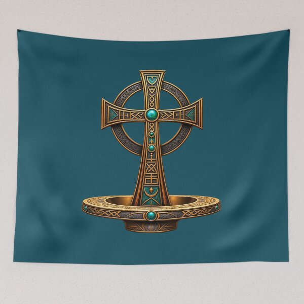 Item preview, Ornate Celtic Cross Art – Mystical Bronze and Turquoise Sacred Symbol designed and sold by 'VARI'.