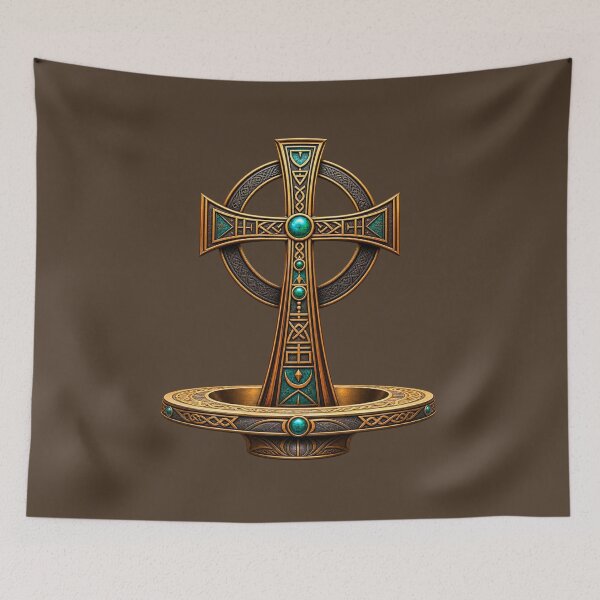 Item preview, Ornate Celtic Cross Art – Mystical Bronze and Turquoise Sacred Symbol designed and sold by 'VARI'.