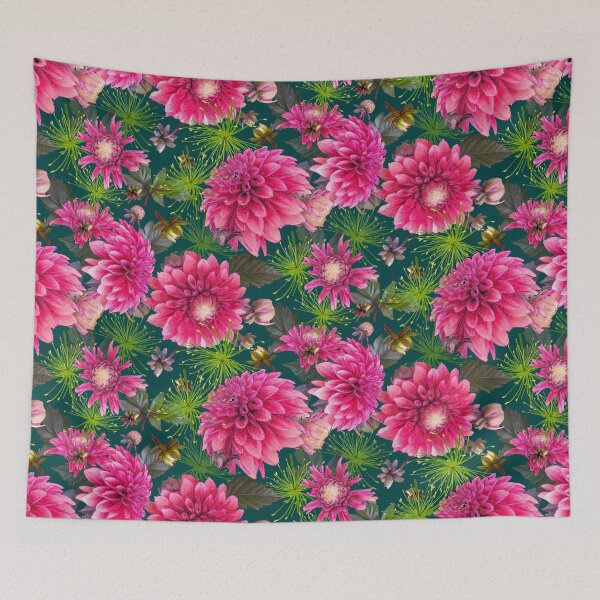 Item preview, Dahlias and Papyrus on Dark Teal 004040 designed and sold by Art in My Loft.