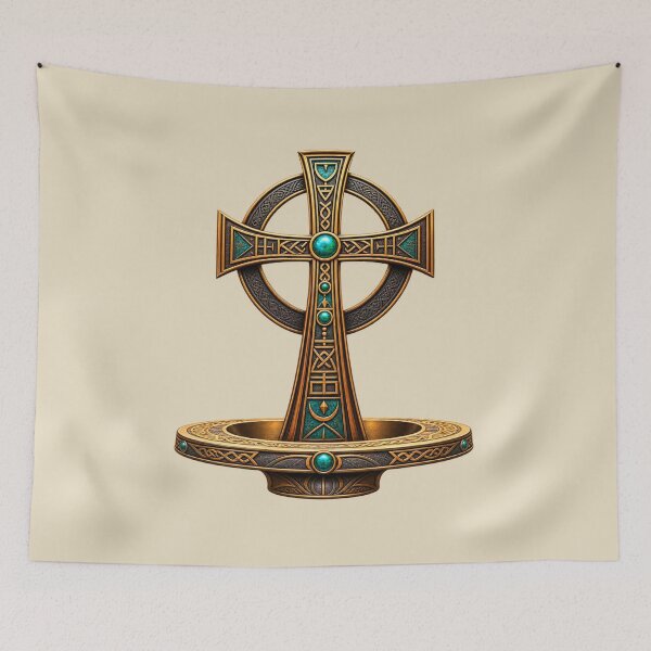 Item preview, Ornate Celtic Cross Art – Mystical Bronze and Turquoise Sacred Symbol designed and sold by 'VARI'.
