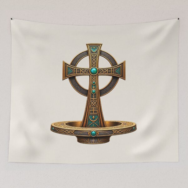 Item preview, Ornate Celtic Cross Art – Mystical Bronze and Turquoise Sacred Symbol designed and sold by 'VARI'.