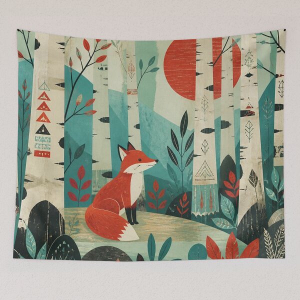 Item preview, Scandinavian Geometric Red Fox Birch Forest Sun designed and sold by GrinGalore.
