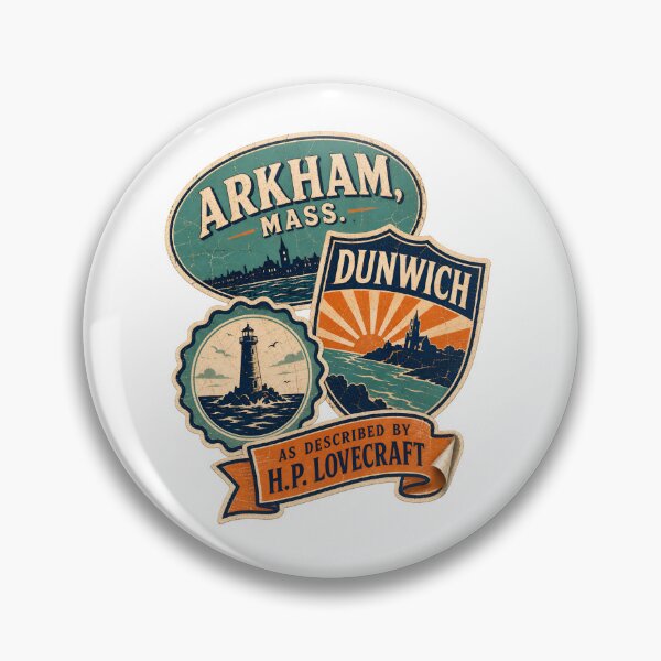 Item preview, H.P. Lovecraft Arkham and Dunwich Travel Badges designed and sold by Fenay Designs.