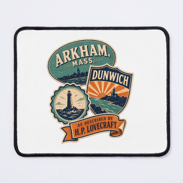 Item preview, H.P. Lovecraft Arkham and Dunwich Travel Badges designed and sold by Fenay Designs.