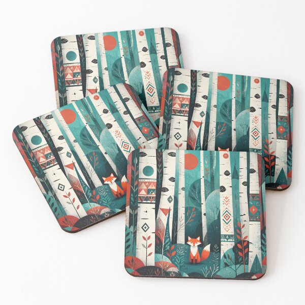 Item preview, Scandinavian Geometric Little Fox In The Birches Forest Red Sun designed and sold by GrinGalore.