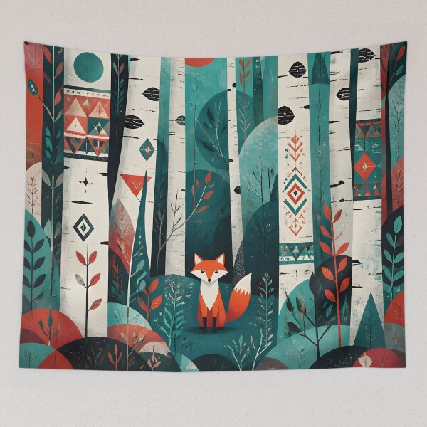 Item preview, Scandinavian Geometric Little Fox In The Birches Forest Red Sun designed and sold by GrinGalore.