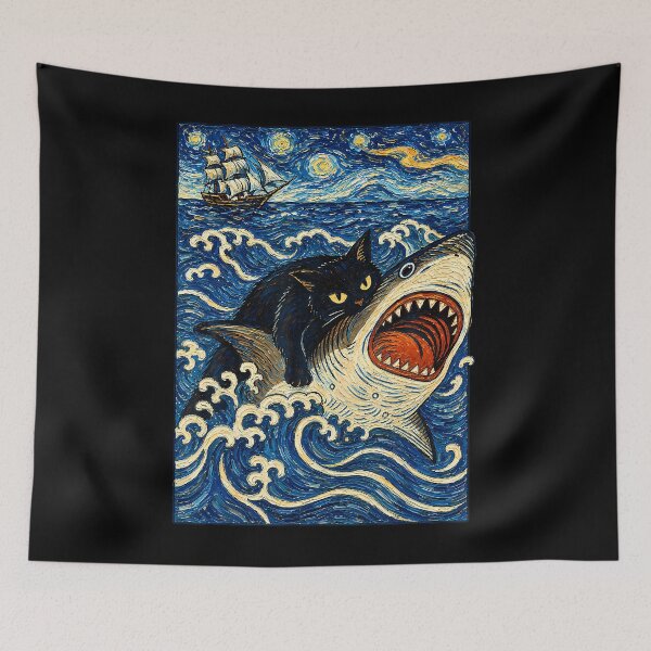 Item preview, Japanese Black Cat Biting Shark Graphic Tees Men Women designed and sold by Krwasatoune.