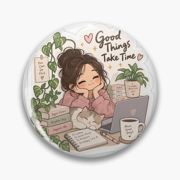 Item preview, Good Things Take Time Aesthetic Sticker – Cozy Girl, Cat & Coffee designed and sold by Dikons.