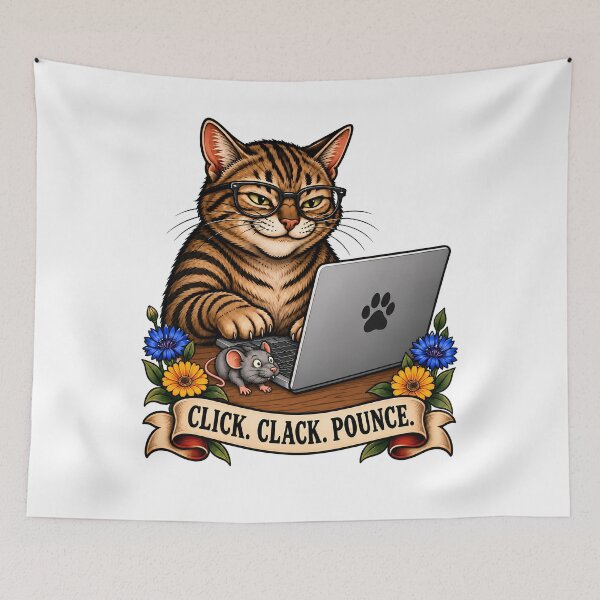 Item preview, Click Clack Pounce Vintage Gamer Cat Tattoo designed and sold by Old's Cool Cat Studio.