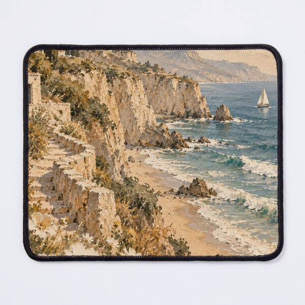Item preview, Mediterranean Coastal Oil Painting Cliffside Wildflowers Sea designed and sold by Jozefin's Studio.