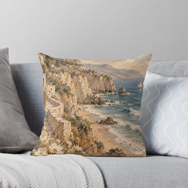 Item preview, Mediterranean Coastal Oil Painting Cliffside Wildflowers Sea designed and sold by Jozefin's Studio.