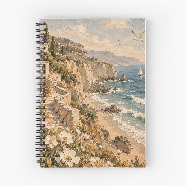 Item preview, Mediterranean Coastal Oil Painting Cliffside Wildflowers Sea designed and sold by Jozefin's Studio.