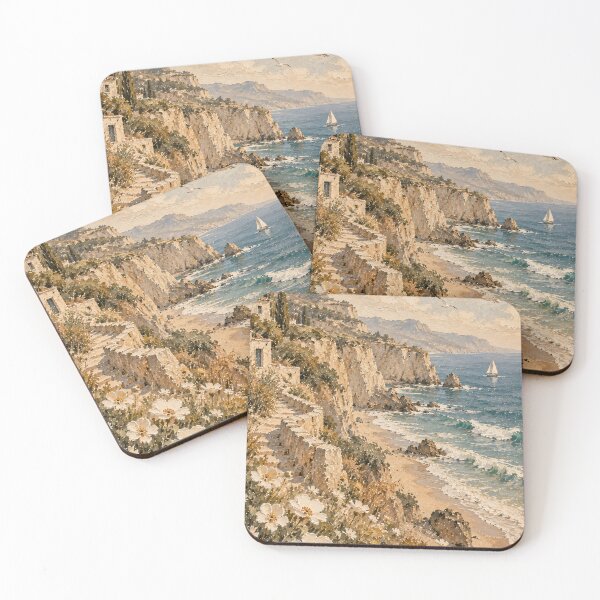 Item preview, Mediterranean Coastal Oil Painting Cliffside Wildflowers Sea designed and sold by Jozefin's Studio.
