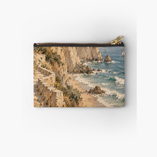 Item preview, Mediterranean Coastal Oil Painting Cliffside Wildflowers Sea designed and sold by Jozefin's Studio.