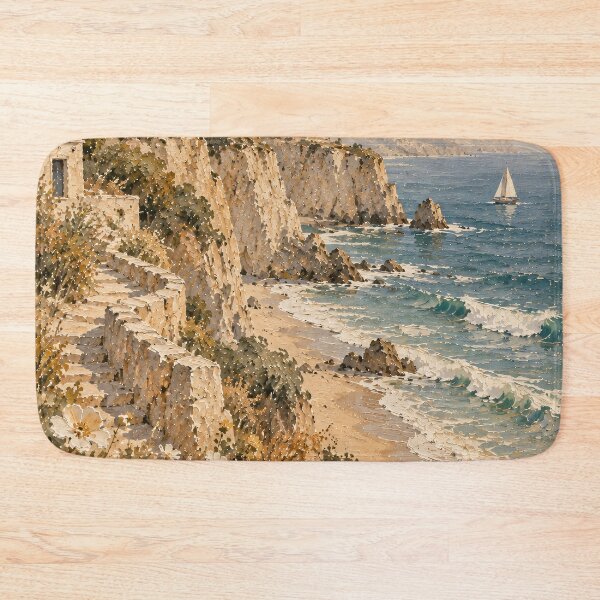 Item preview, Mediterranean Coastal Oil Painting Cliffside Wildflowers Sea designed and sold by Jozefin's Studio.