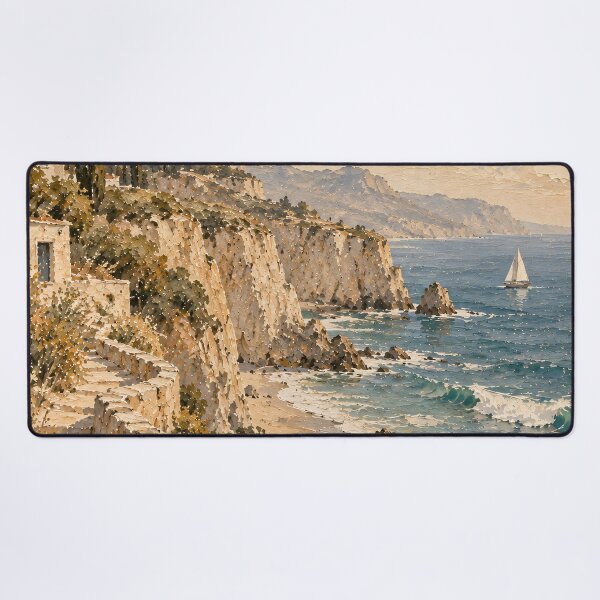 Item preview, Mediterranean Coastal Oil Painting Cliffside Wildflowers Sea designed and sold by Jozefin's Studio.