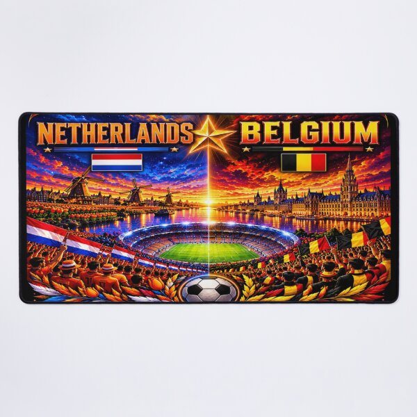 Item preview, Netherlands Belgium football match poster/cosmic neon soccer art  designed and sold by Nexus Space.