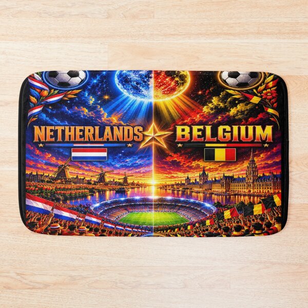 Item preview, Netherlands Belgium football match poster/cosmic neon soccer art  designed and sold by Nexus Space.