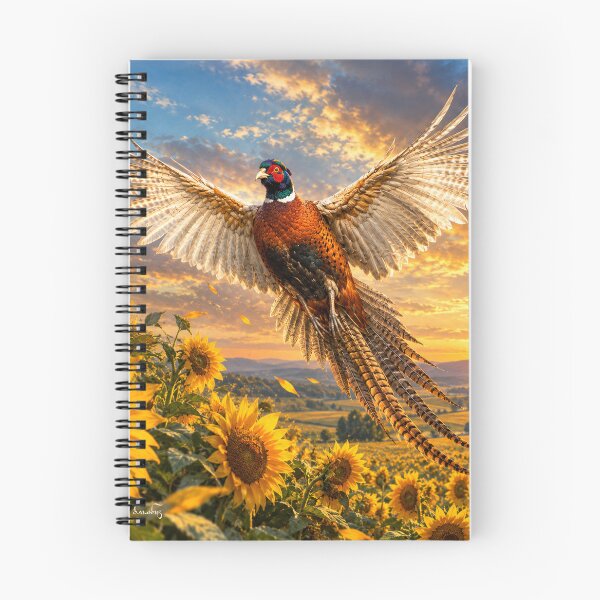 Item preview, Pheasant in Flight – Sunflower Field Wildlife Art designed and sold by TammyHunterArt.