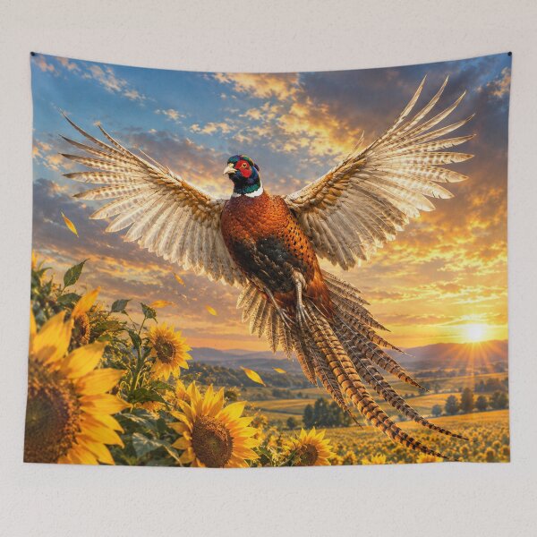 Item preview, Pheasant in Flight – Sunflower Field Wildlife Art designed and sold by TammyHunterArt.