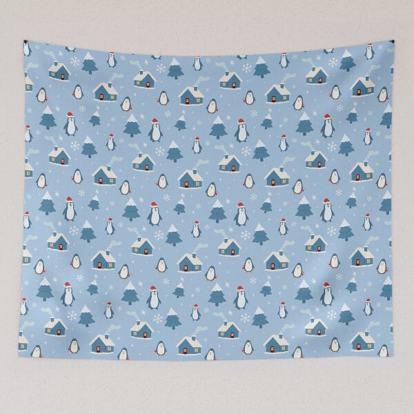 Item preview, Winter Wonderland Village Pattern with Penguins and Snowy Cabins designed and sold by The Flat Lab.