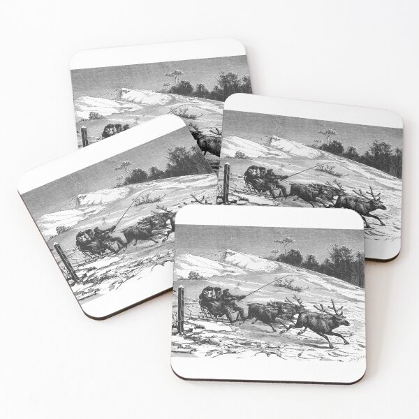 Item preview, Vintage Reindeer Sleigh Ride Winter Engraving designed and sold by Antique Science Press.