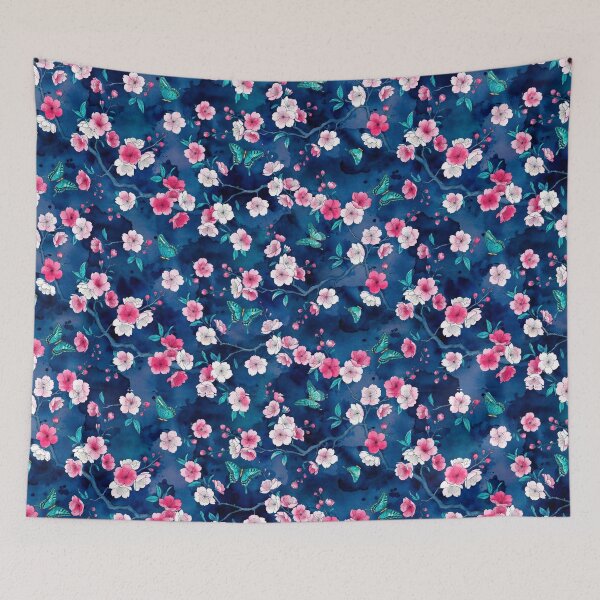 Item preview, Cherry Blossom and Butterfly Seamless Pattern Navy designed and sold by dalilashops.