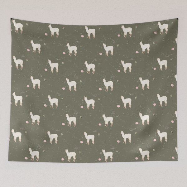 Item preview, Cute Watercolor Llama with Pink Flowers Dark Olive Pattern designed and sold by svitlaarty.