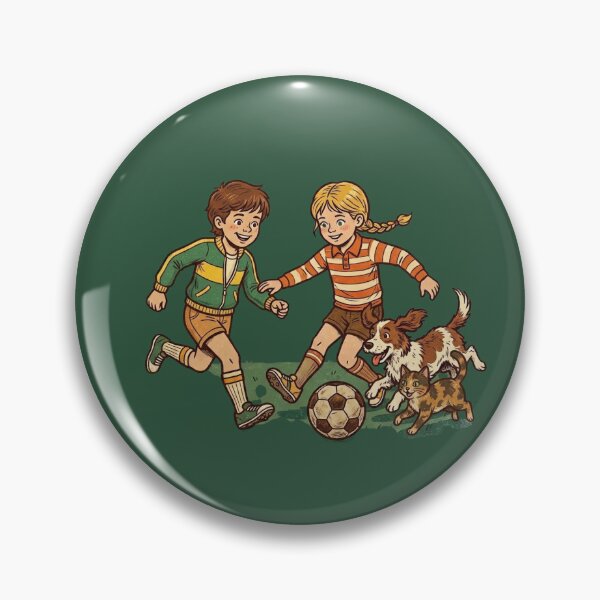 Item preview, Friends Playing Soccer with Their Dog and Cat – Retro Children's Art designed and sold by FootprintofLove.