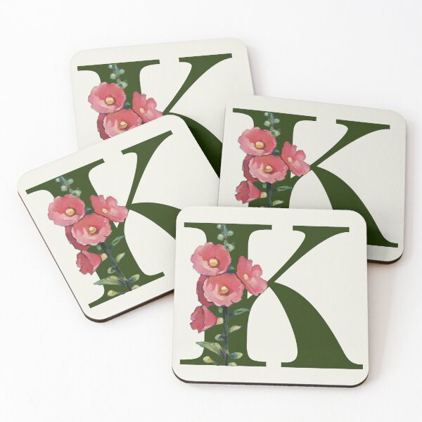 Item preview, Letter K Initial with Pink Hollyhock Flowers Alphabet designed and sold by JoyfulWhimsy.