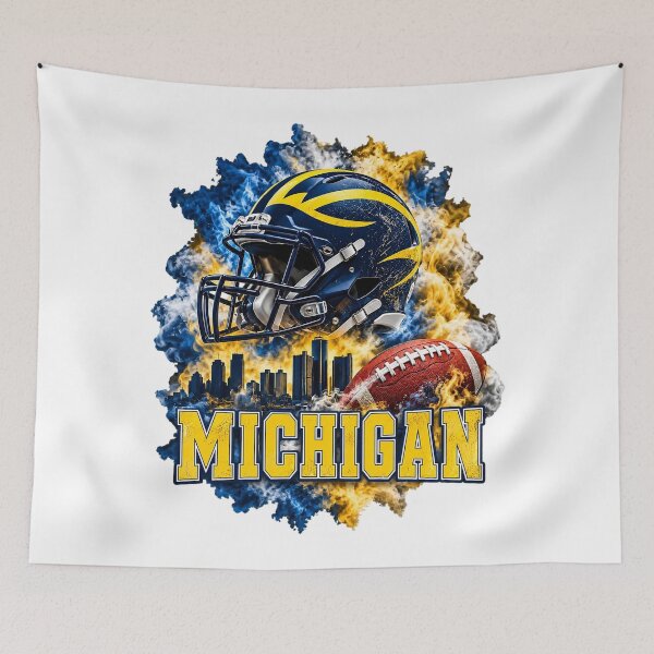 Item preview, Michigan Wolverines Football Helmet Detroit Skyline Fire And Smoke designed and sold by dartoffofo⭐⭐⭐⭐⭐.