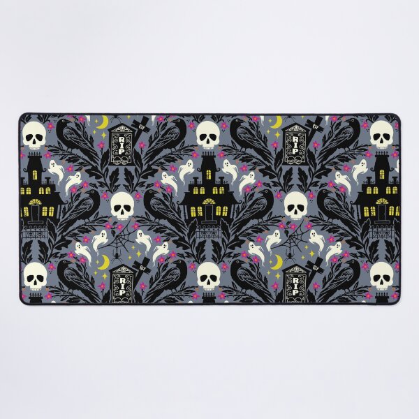 Item preview, Halloween damask with haunted house, skulls, and ravens designed and sold by Jennifer Ladd.
