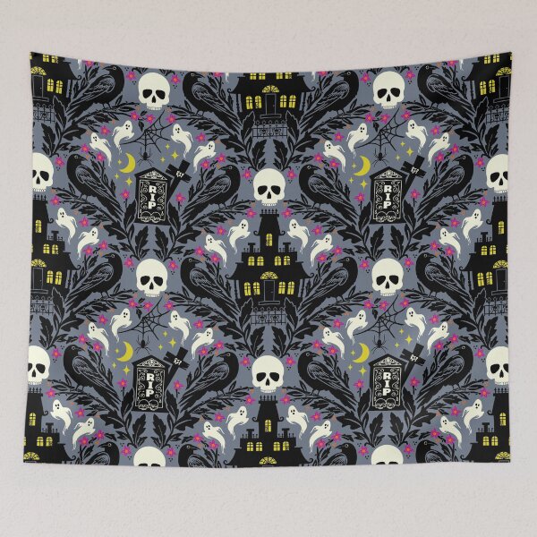 Item preview, Halloween damask with haunted house, skulls, and ravens designed and sold by Jennifer Ladd.