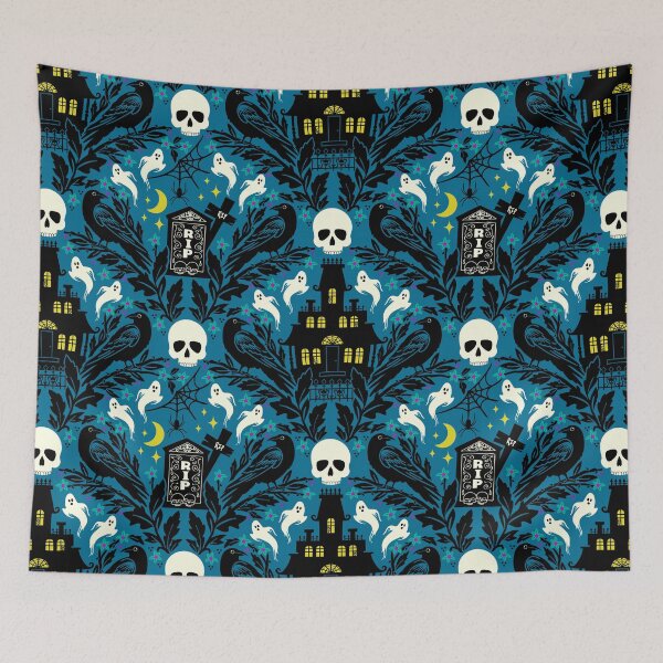 Item preview, Halloween damask with haunted house, skulls, and ravens designed and sold by Jennifer Ladd.