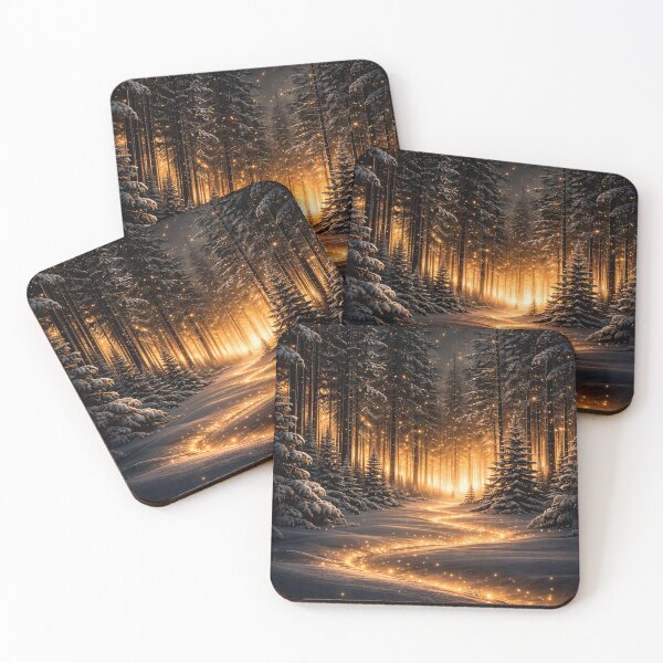 Item preview, Enchanted Winter Forest with Golden Lights – Magical Snowy Woodland Art Print designed and sold by Kaleidoscope Print.