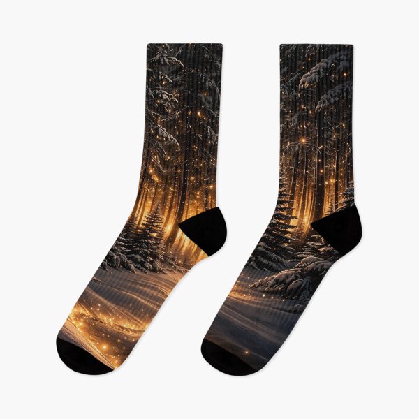 Item preview, Enchanted Winter Forest with Golden Lights – Magical Snowy Woodland Art Print designed and sold by Kaleidoscope Print.