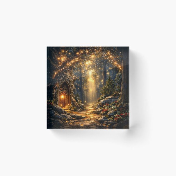 Item preview, Enchanted Forest Door with Golden Lights – Magical Fairy Tale Woodland Art Print designed and sold by Kaleidoscope Print.